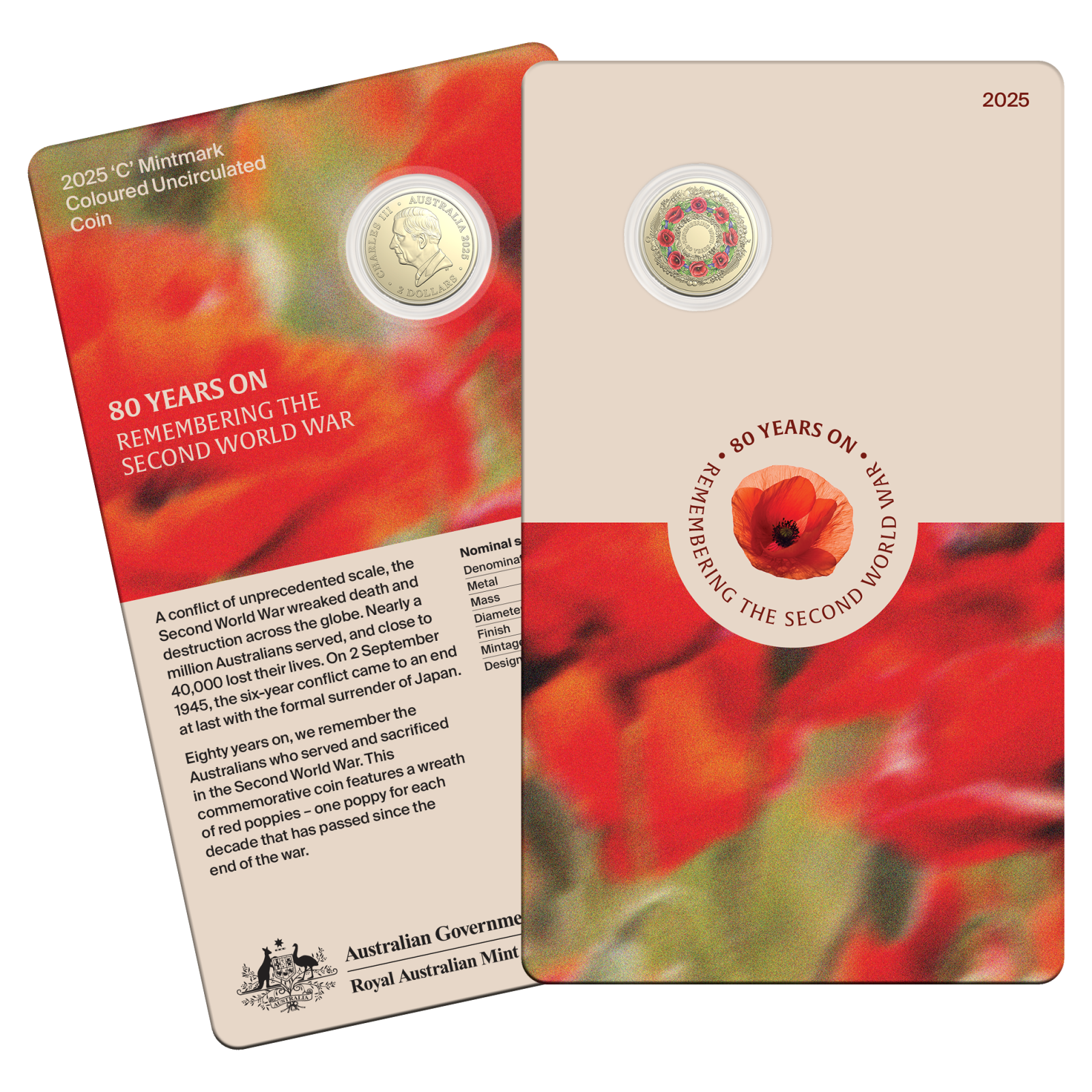 2025 Coin $2 Unc Coloured Mintmark - Poppy Wreath 80th Anniversary of WWII