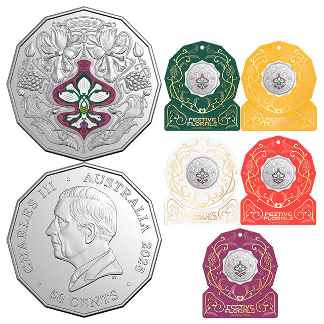 2025 50C CHRISTMAS FESTIVE FLORALS COLOURED UNCIRCULATED COIN