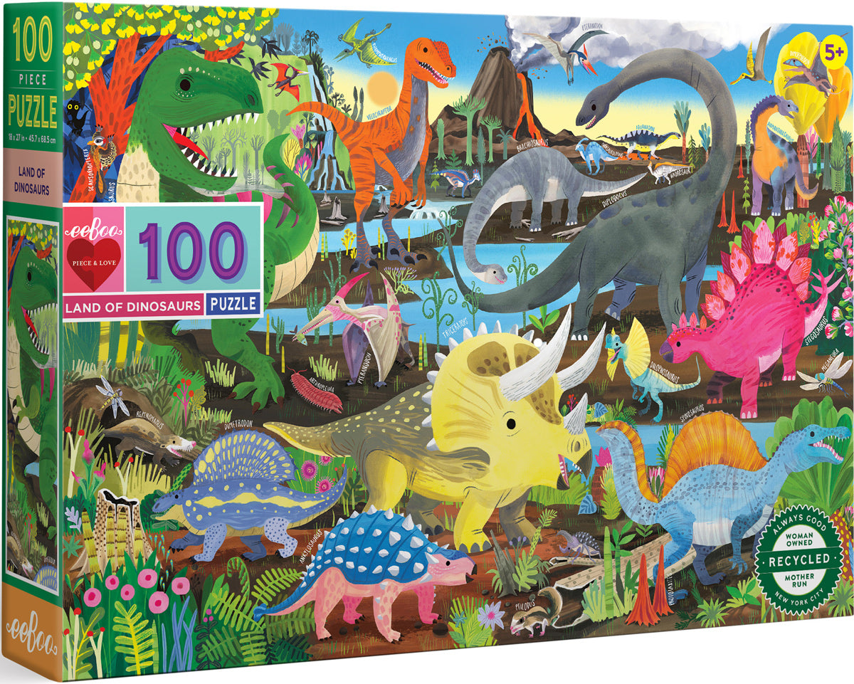 Eeboo Land of Dinosaurs 100 Piece Puzzle Set - Multi