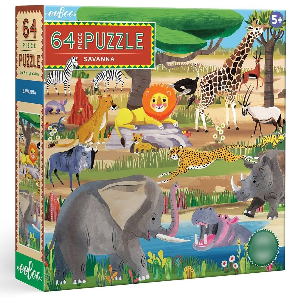 EeBoo: Savanna - 64 Piece Puzzle - 15 X 15  Kids Square Jigsaw  Glossy High-Quality Pieces  Ages 5+
