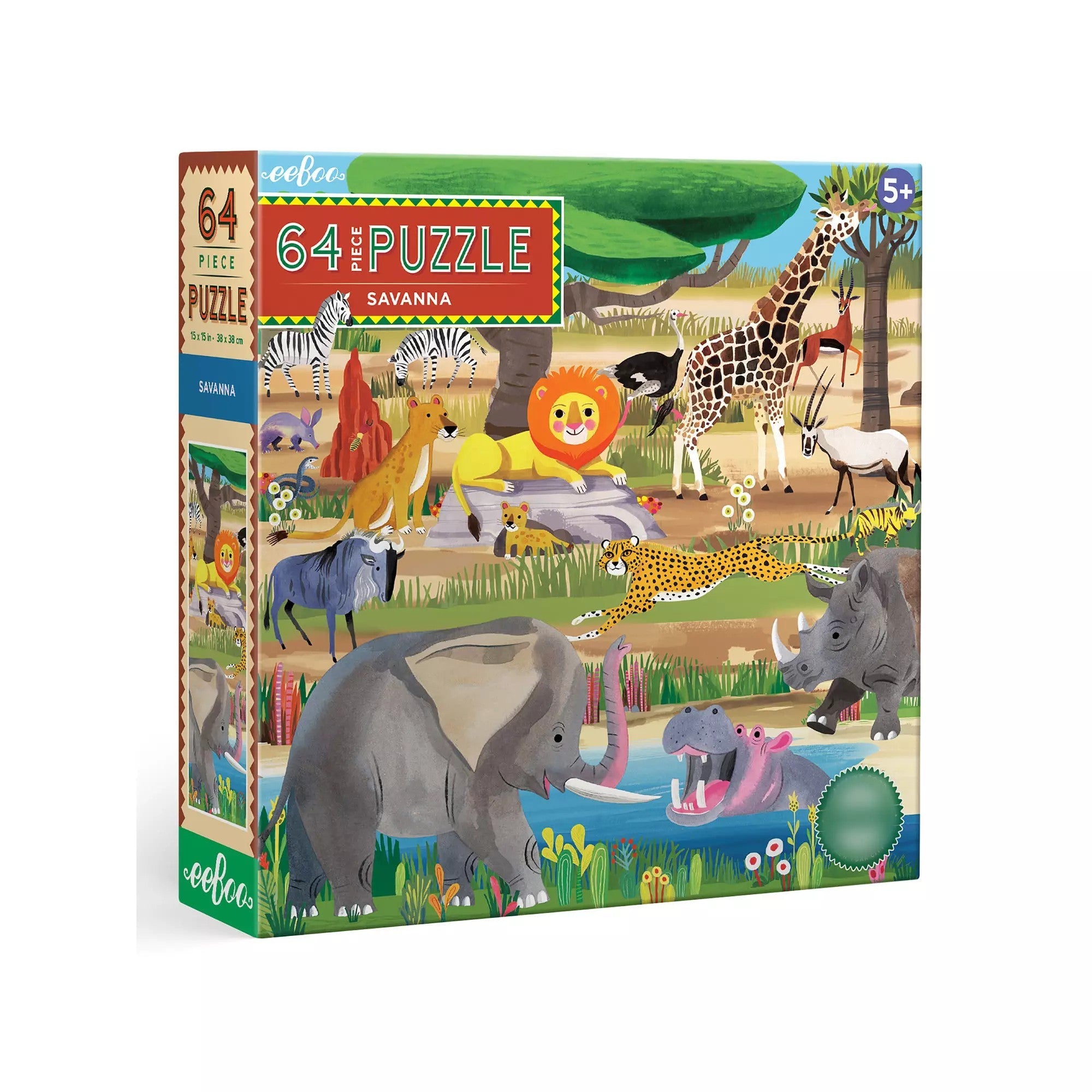 EeBoo: Savanna - 64 Piece Puzzle - 15 X 15  Kids Square Jigsaw  Glossy High-Quality Pieces  Ages 5+
