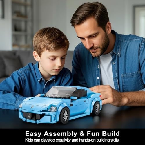 Reobrix Super Sports Car Building Blocks Sets, Classic Collectible Car Model for Boys Ages 8-14, Mini Sports Cars Toy Kit for Kids Blue(384 Pieces)