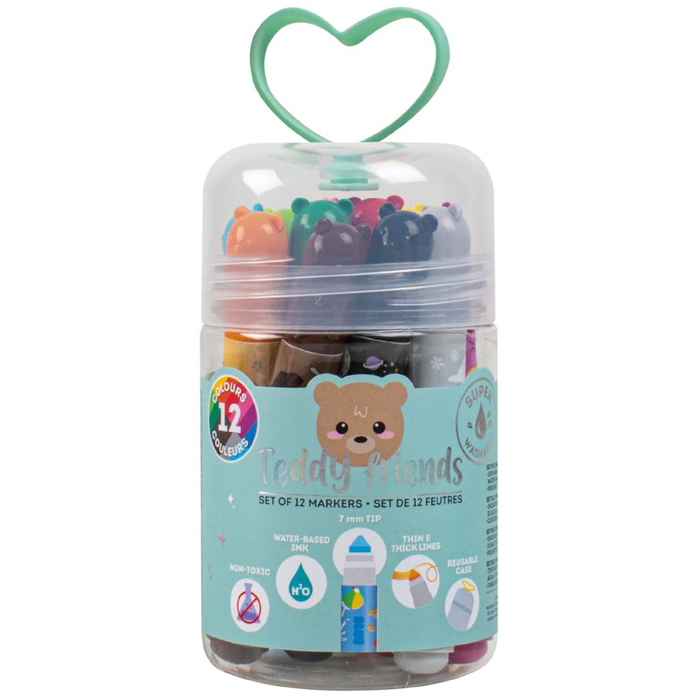Legami - Set of 12 Pens - Teddy Friends 12 Assorted Colours Washable and Non-Toxic Anti-indentation Tip Thin and Wide Lines for Children and Girl
