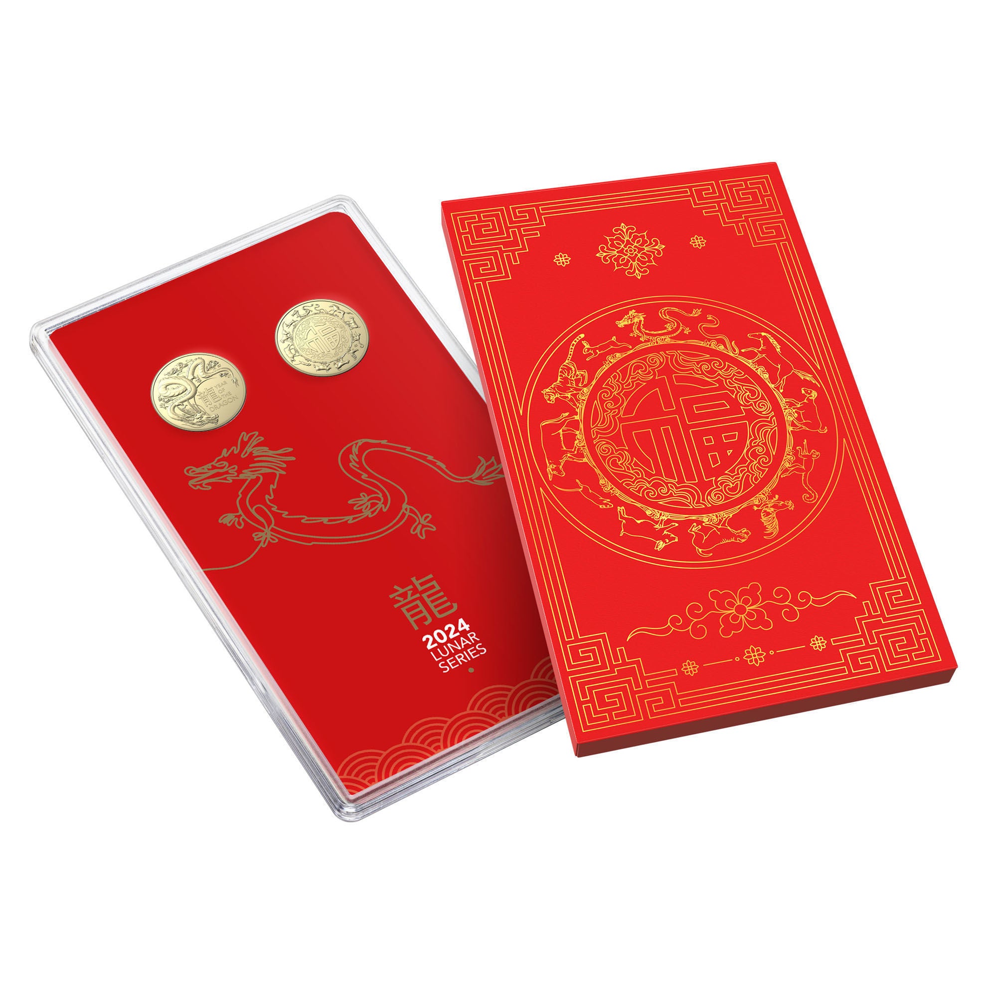 COIN 2024  $1  UNCIRCULATED 2 COIN SET LUNAR CALENDAR  YEAR OF THE DRAGON