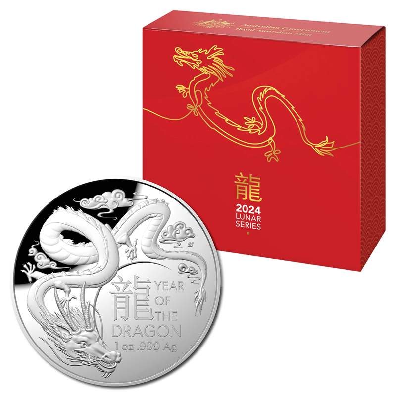 COIN 2024 $5 PROOF AG DOMED YEAR OF THE DRAGON