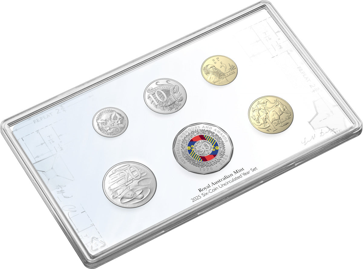 2025 COLOURED SIX-COIN UNCIRCULATED YEAR SET  -  50TH ANNIVERSARY OF THE AUSTRALIAN HONOURS AND AWARDS SYSTEM