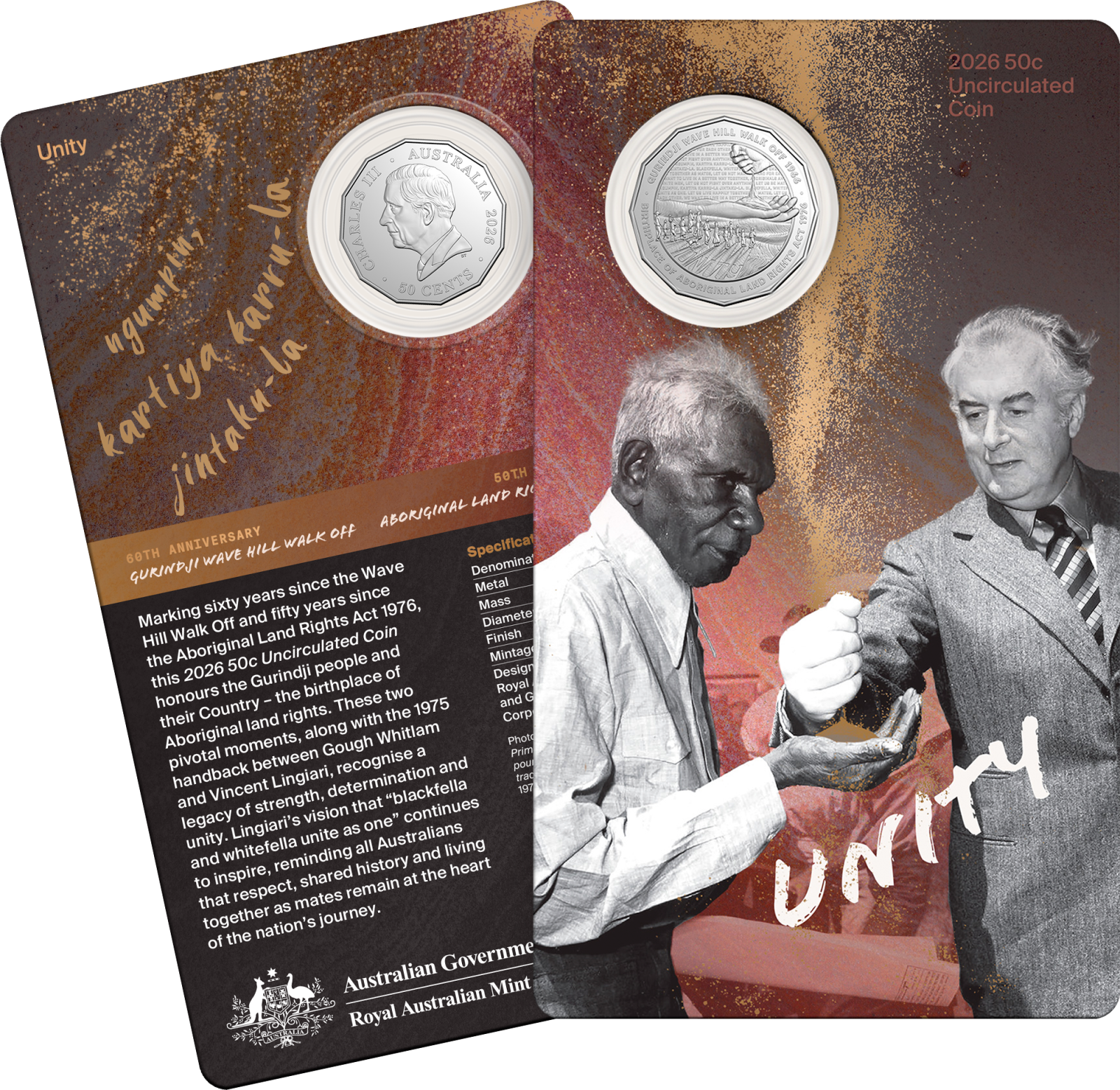 2026 50c Uncirculated Coin - Unity Wave Hill Walk Off  & Aboriginal Land Rights 50th Anniversaries