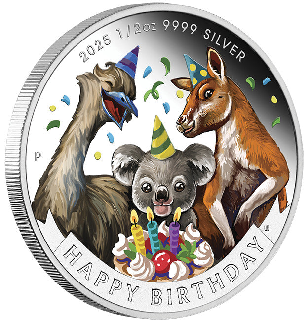 2025 Happy Birthday 1/2oz Silver Coloured Proof Perth Mint Coin in Gift Card