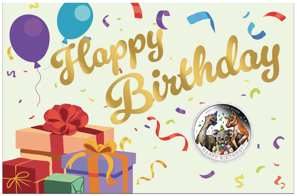 2025 Happy Birthday 1/2oz Silver Coloured Proof Perth Mint Coin in Gift Card